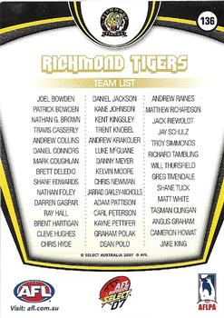 2007 Select AFL Supreme #136 Richmond Tigers Back